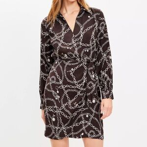 LOFT Luxurious Chocolate Brown & Cream Chain Print Mini Wrap Dress - Size 10